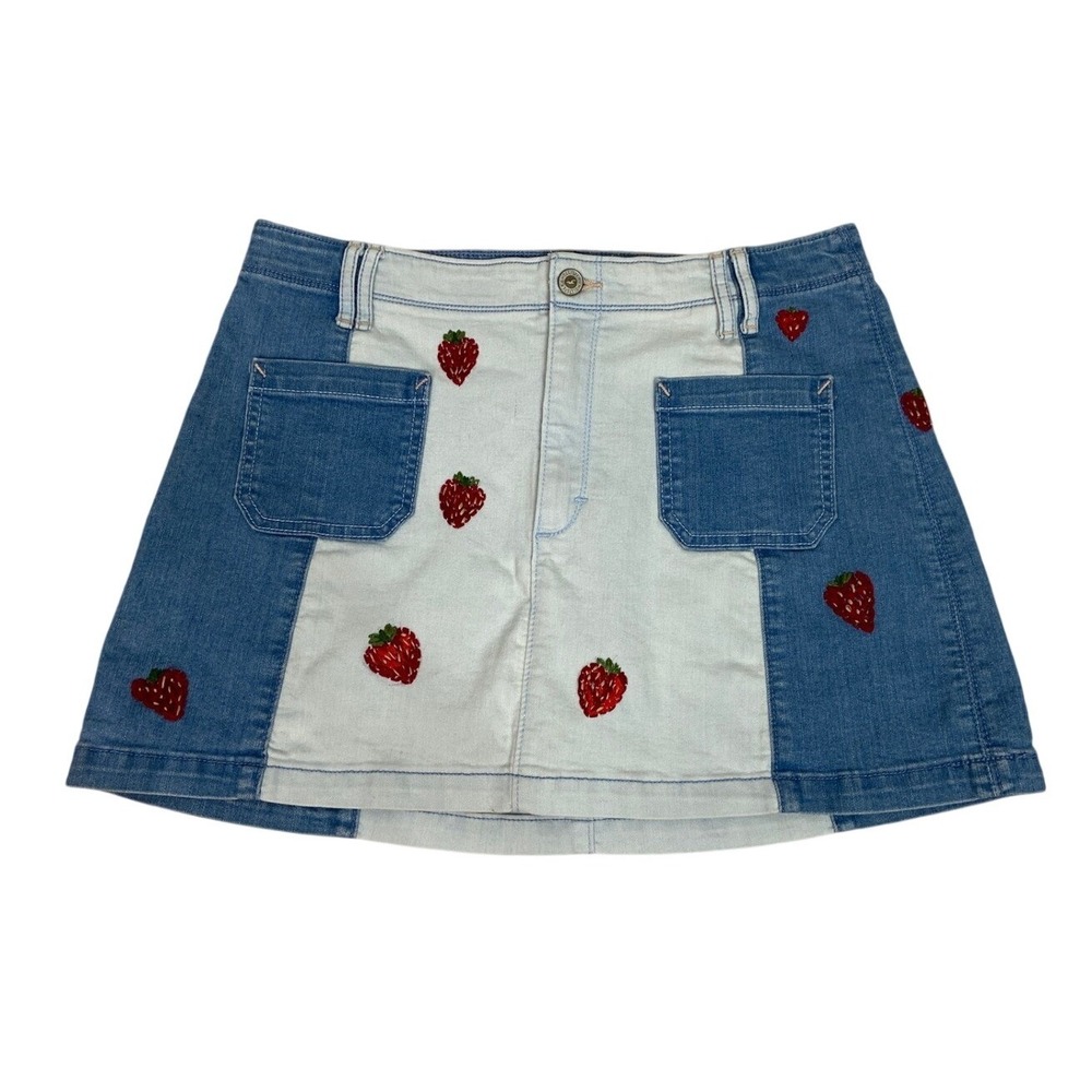 Hollister Denim‎ Mini Skirt Strawberry Embroidered Pockets Blue White Size 7